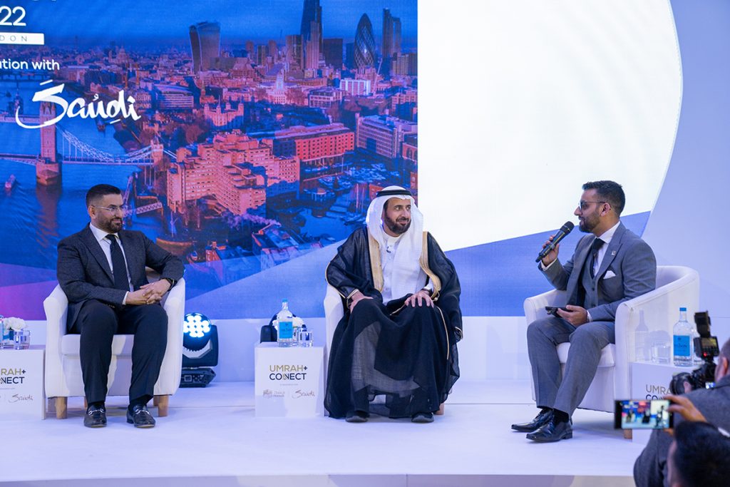 (L to R) Nusuk Managing Director Fahd Hamidaddin, Minister of Hajj and Umrah Dr. Tawfiq Al-Rabiah, and CBHUK CEO Rashid Mogradia. Photo: Umrah+ Connect