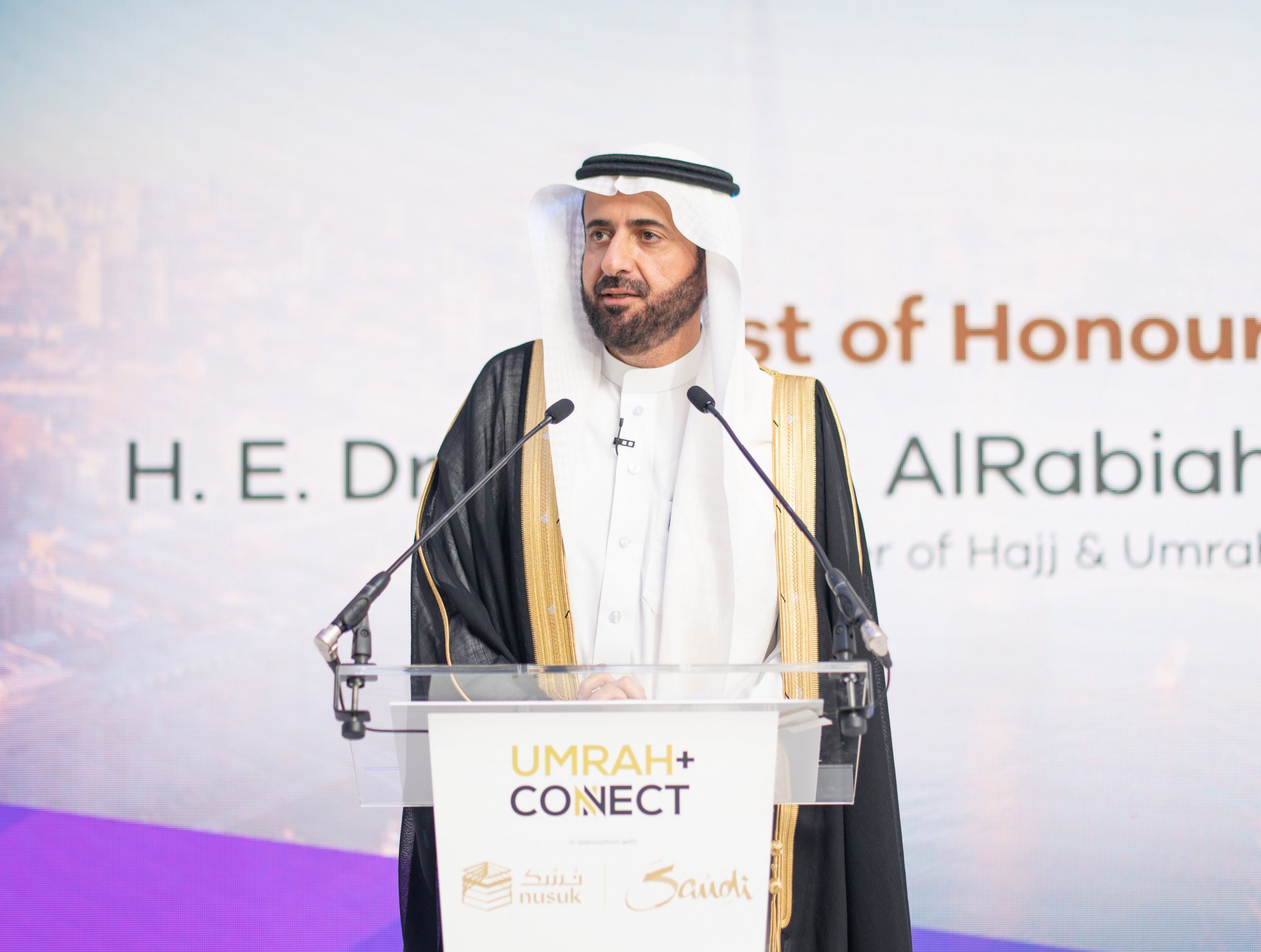 Saudi Arabia’s Minister of Hajj and Umrah Dr. Tawfiq Al-Rabiah speaks at the Umrah+ Connect event on Sunday. Image: Umrah+ Connect